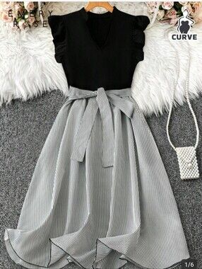 Emery Rose Curve Black & White Striped Midi Dress with Belt